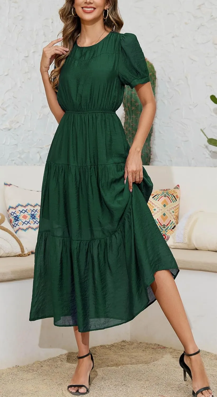 Kormei Women's Summer Casual Short Sleeve Round Neck Eastic Waist Tiered Boho Plain Beach Flowy Maxi Dress