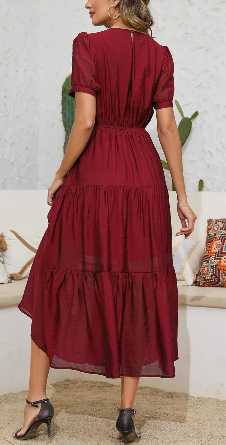 Kormei Women's Summer Casual Short Sleeve Round Neck Eastic Waist Tiered Boho Plain Beach Flowy Maxi Dress