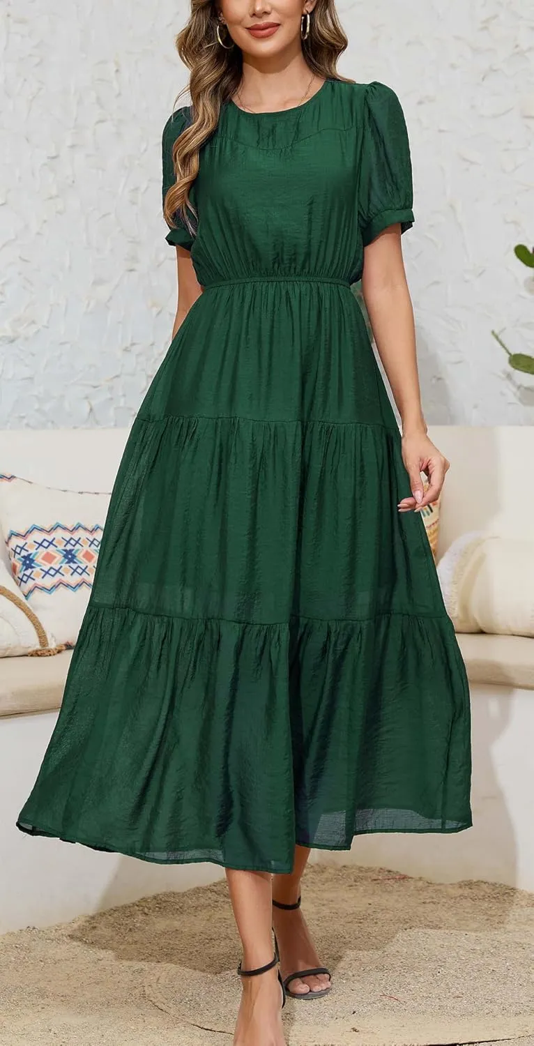 Kormei Women's Summer Casual Short Sleeve Round Neck Eastic Waist Tiered Boho Plain Beach Flowy Maxi Dress