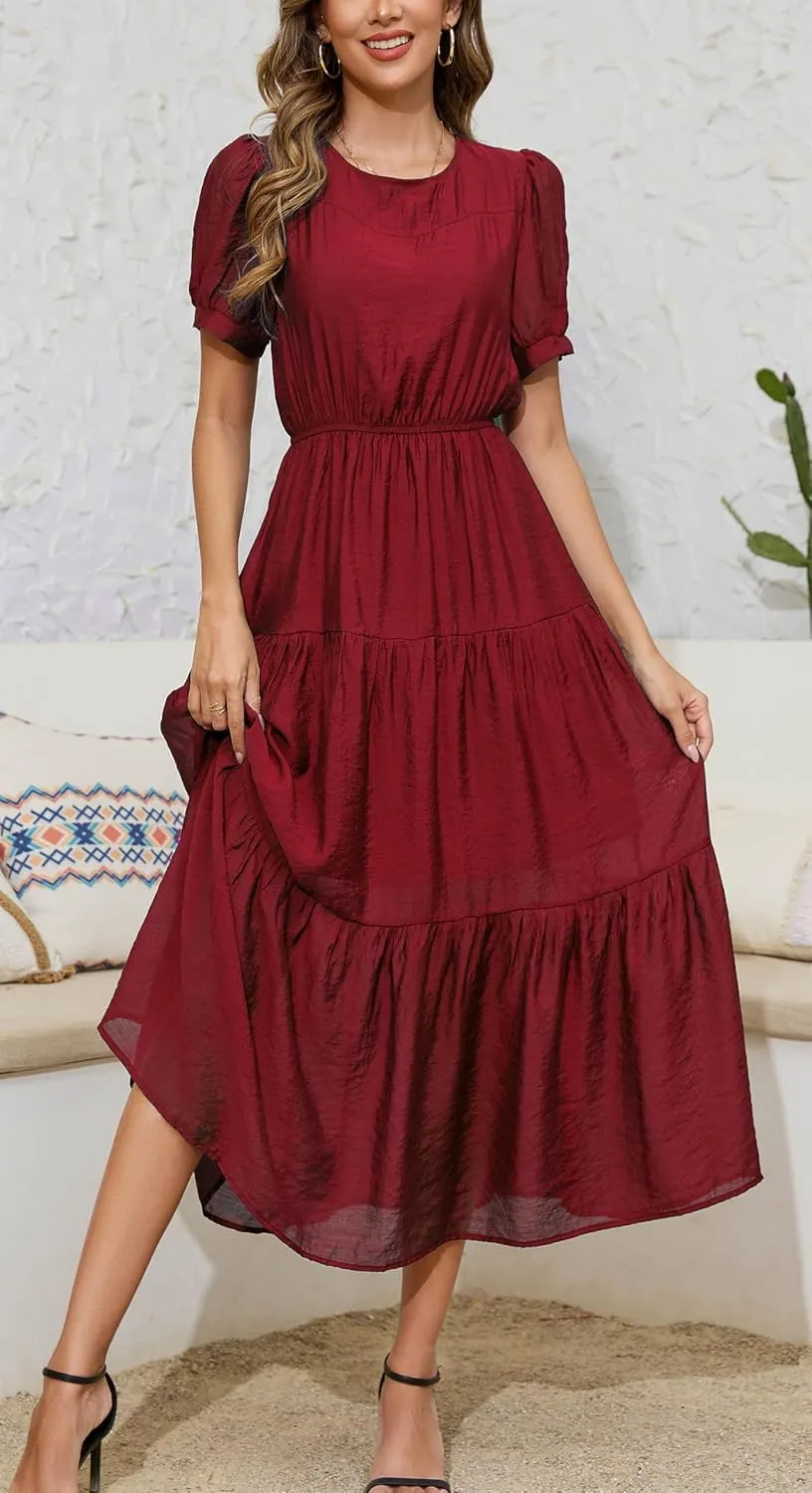 Kormei Women's Summer Casual Short Sleeve Round Neck Eastic Waist Tiered Boho Plain Beach Flowy Maxi Dress