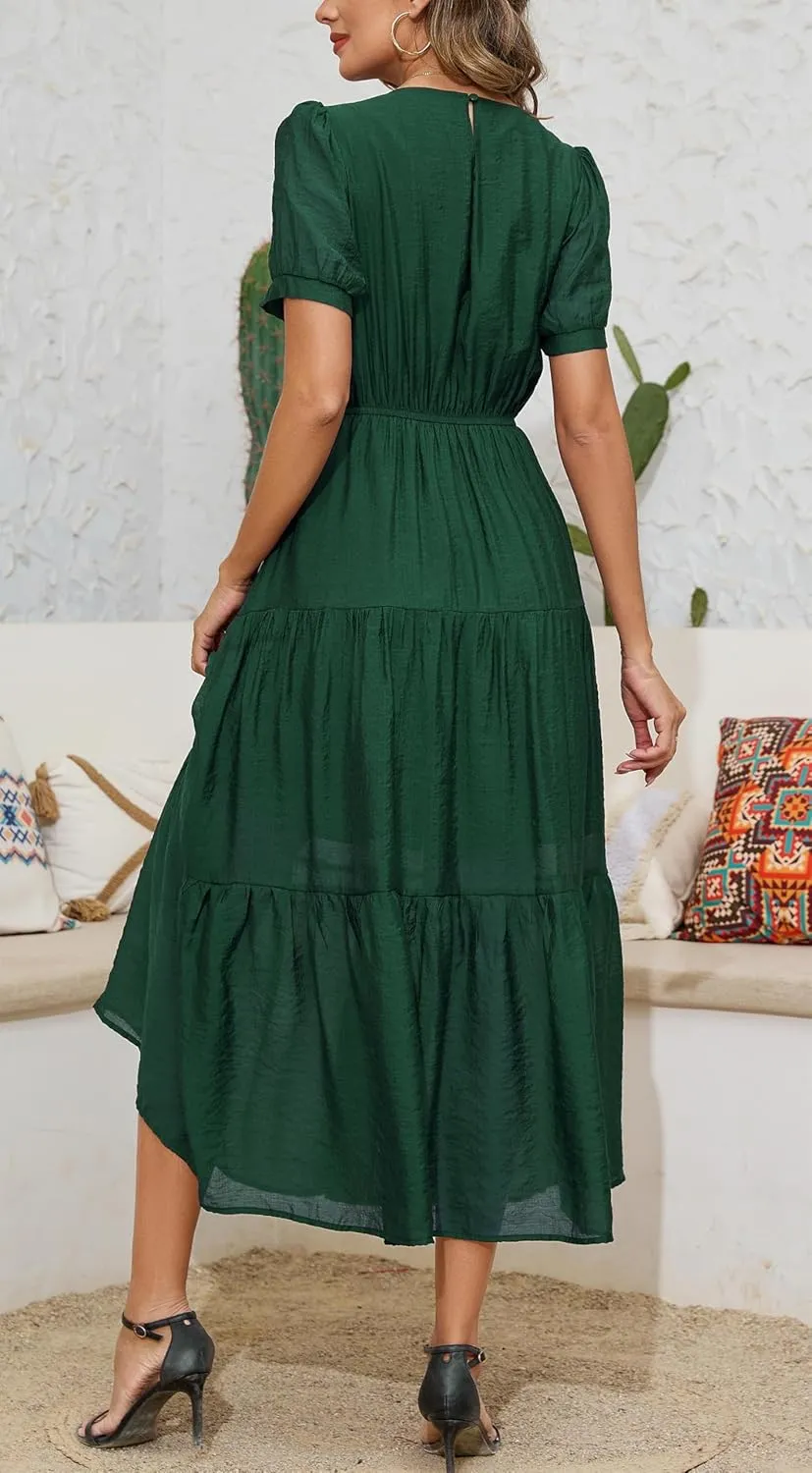 Kormei Women's Summer Casual Short Sleeve Round Neck Eastic Waist Tiered Boho Plain Beach Flowy Maxi Dress