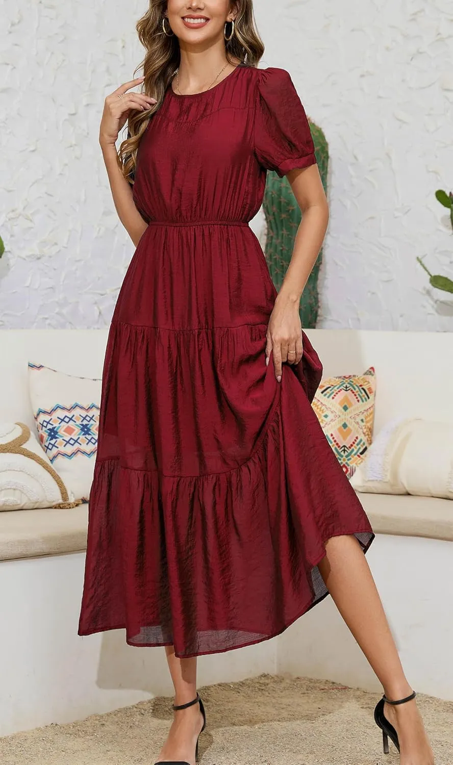 Kormei Women's Summer Casual Short Sleeve Round Neck Eastic Waist Tiered Boho Plain Beach Flowy Maxi Dress