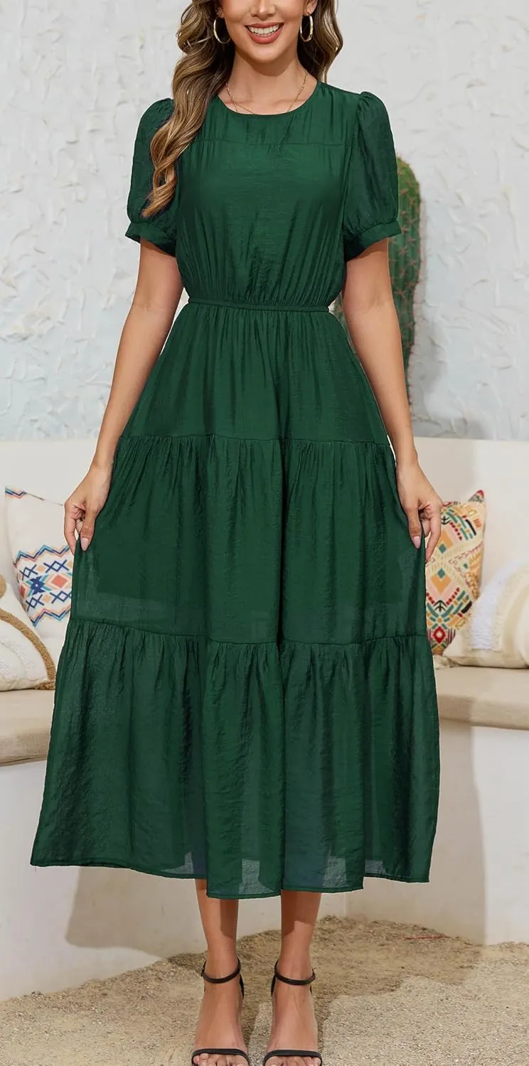 Kormei Women's Summer Casual Short Sleeve Round Neck Eastic Waist Tiered Boho Plain Beach Flowy Maxi Dress