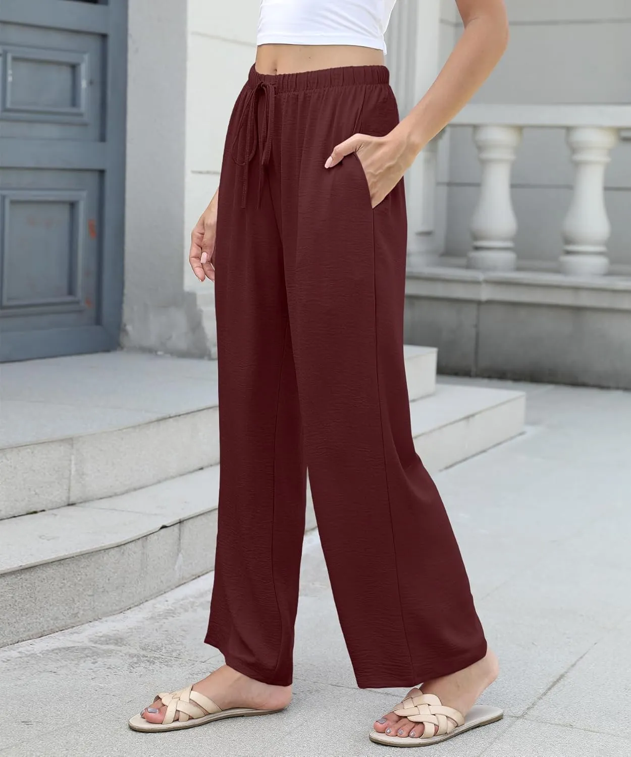 KUOTAI Womens Flowy Waist Wide Leg Palazzo Pants Loose Fit Casual Beach Drawstring Trousers with Pockets