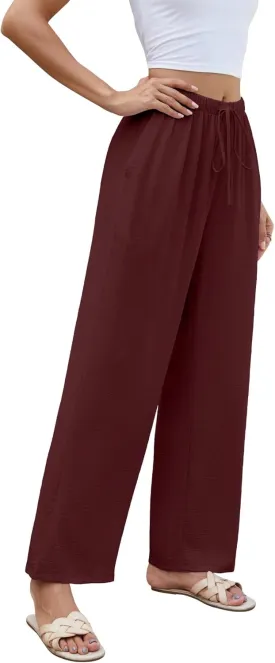 KUOTAI Womens Flowy Waist Wide Leg Palazzo Pants Loose Fit Casual Beach Drawstring Trousers with Pockets
