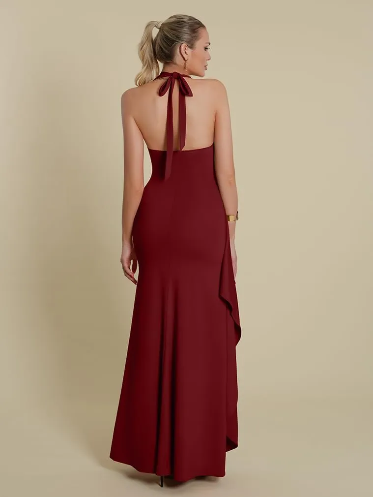 LAGSHIAN Women's Sexy Deep V Neck Halter High Split Backless Cocktail Party Formal Maxi Dress