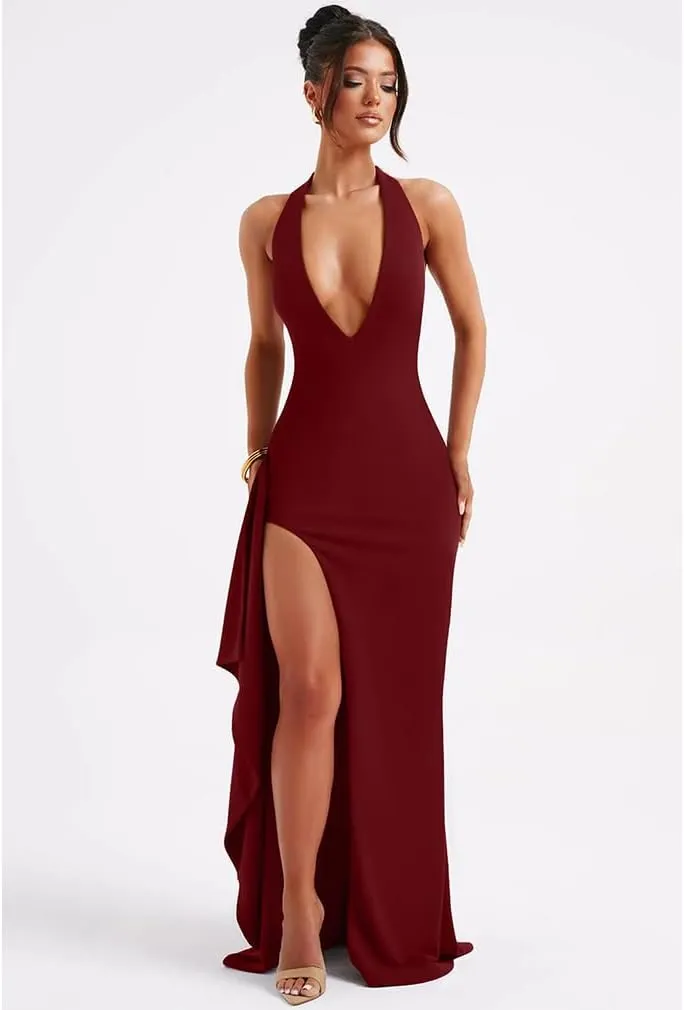 LAGSHIAN Women's Sexy Deep V Neck Halter High Split Backless Cocktail Party Formal Maxi Dress