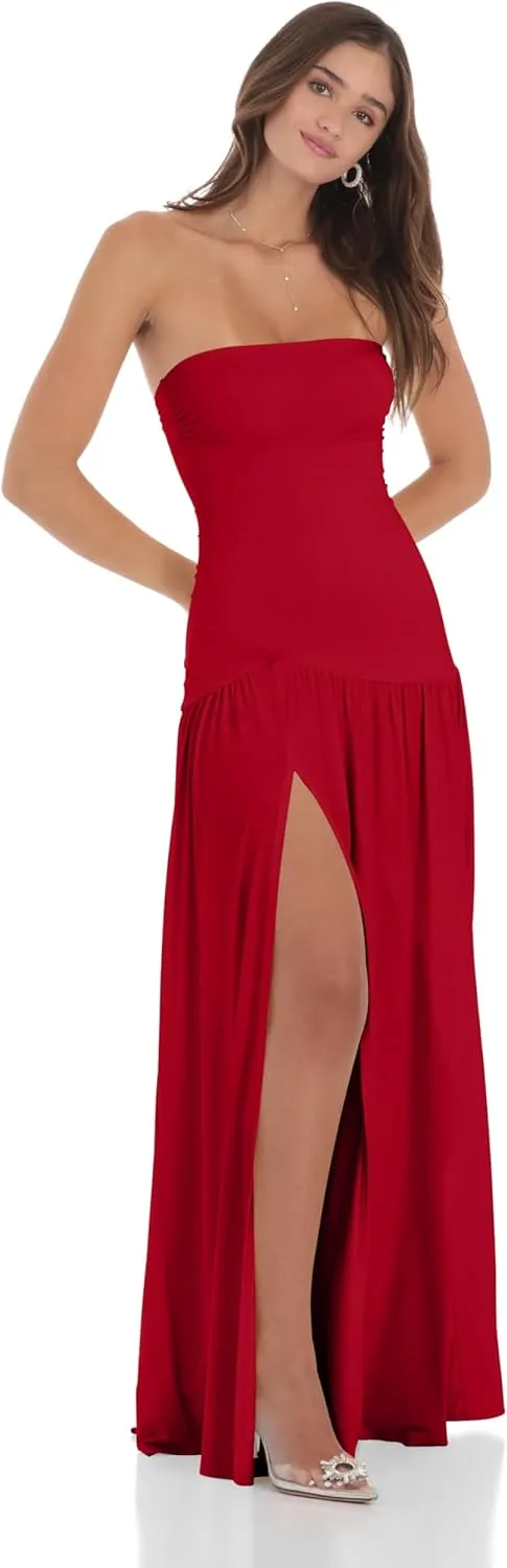 LAGSHIAN Women's Summer Strapless Flowy Maxi Dress Tube Bodycon Split A Line Long Party Dresses