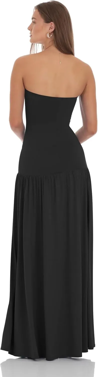 LAGSHIAN Women's Summer Strapless Flowy Maxi Dress Tube Bodycon Split A Line Long Party Dresses