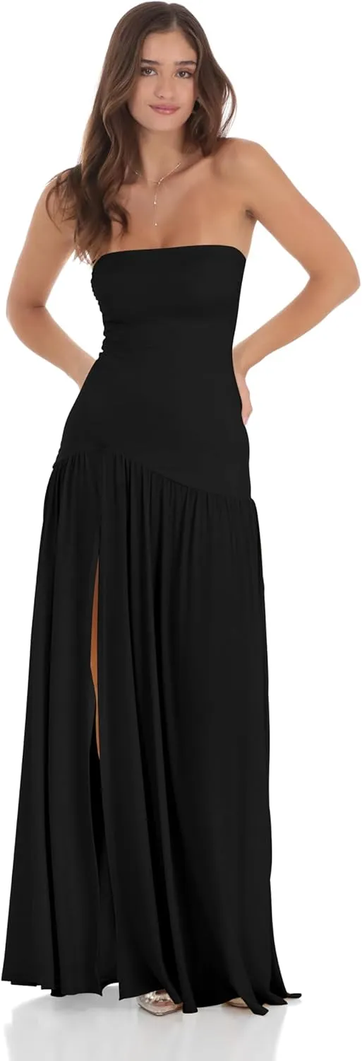 LAGSHIAN Women's Summer Strapless Flowy Maxi Dress Tube Bodycon Split A Line Long Party Dresses