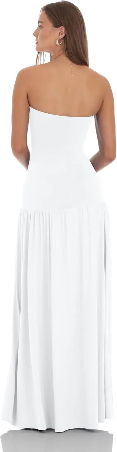 LAGSHIAN Women's Summer Strapless Flowy Maxi Dress Tube Bodycon Split A Line Long Party Dresses