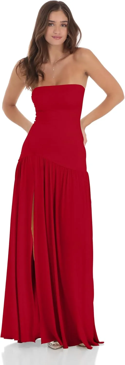 LAGSHIAN Women's Summer Strapless Flowy Maxi Dress Tube Bodycon Split A Line Long Party Dresses