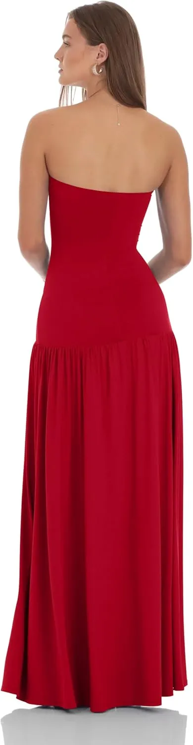 LAGSHIAN Women's Summer Strapless Flowy Maxi Dress Tube Bodycon Split A Line Long Party Dresses