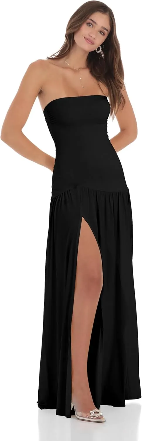 LAGSHIAN Women's Summer Strapless Flowy Maxi Dress Tube Bodycon Split A Line Long Party Dresses