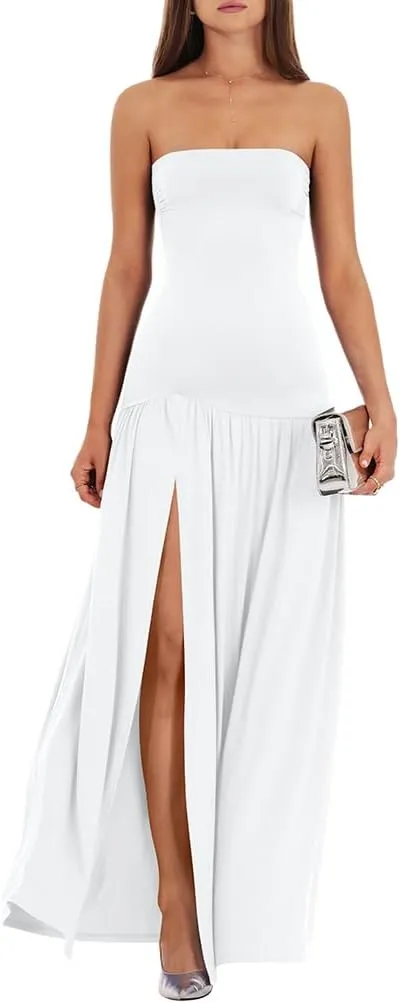 LAGSHIAN Women's Summer Strapless Flowy Maxi Dress Tube Bodycon Split A Line Long Party Dresses