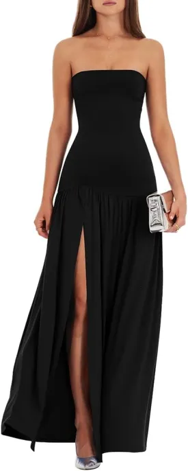 LAGSHIAN Women's Summer Strapless Flowy Maxi Dress Tube Bodycon Split A Line Long Party Dresses