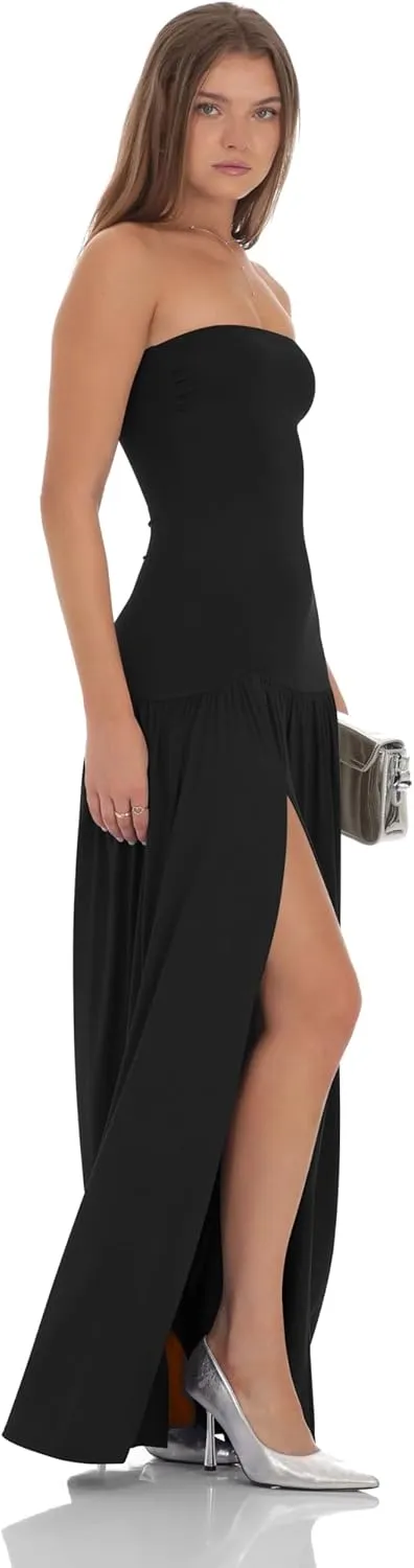 LAGSHIAN Women's Summer Strapless Flowy Maxi Dress Tube Bodycon Split A Line Long Party Dresses