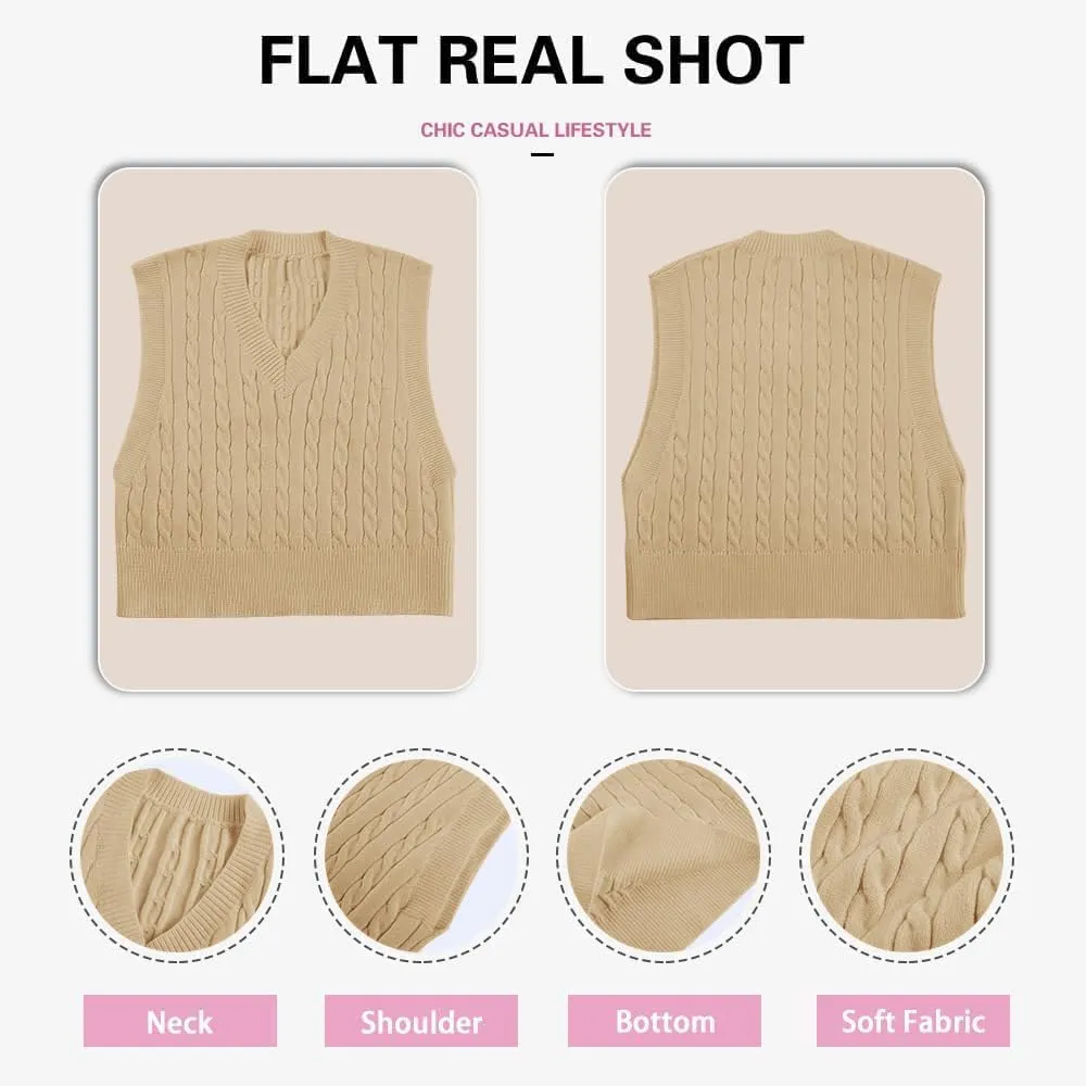 Lailezou Women's V-Neck Knit Sweater Vest Solid Color Argyle Plaid Preppy Style Sleeveless Crop Knit Vest