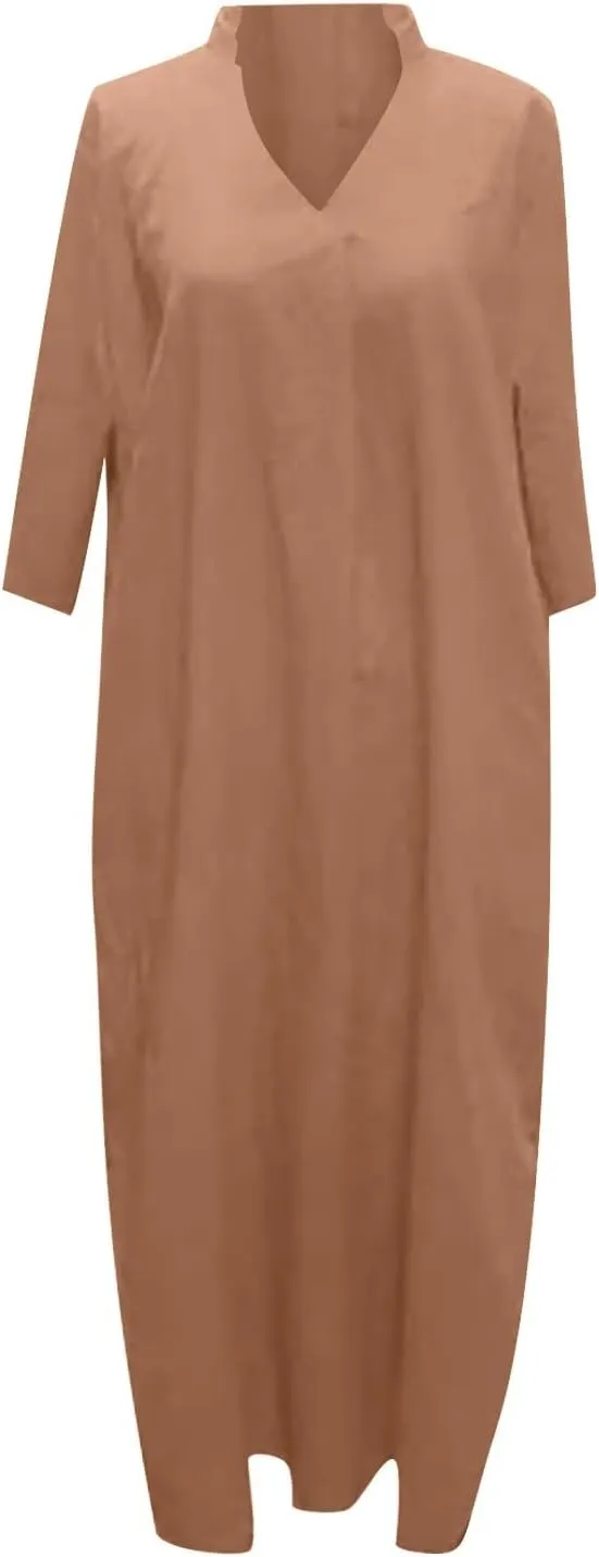 Linen Casual Dresses for Women Flowy V Neck Short Sleeve 2025 Maxi Dress Lightweight Summer Beach Vacation Clothes