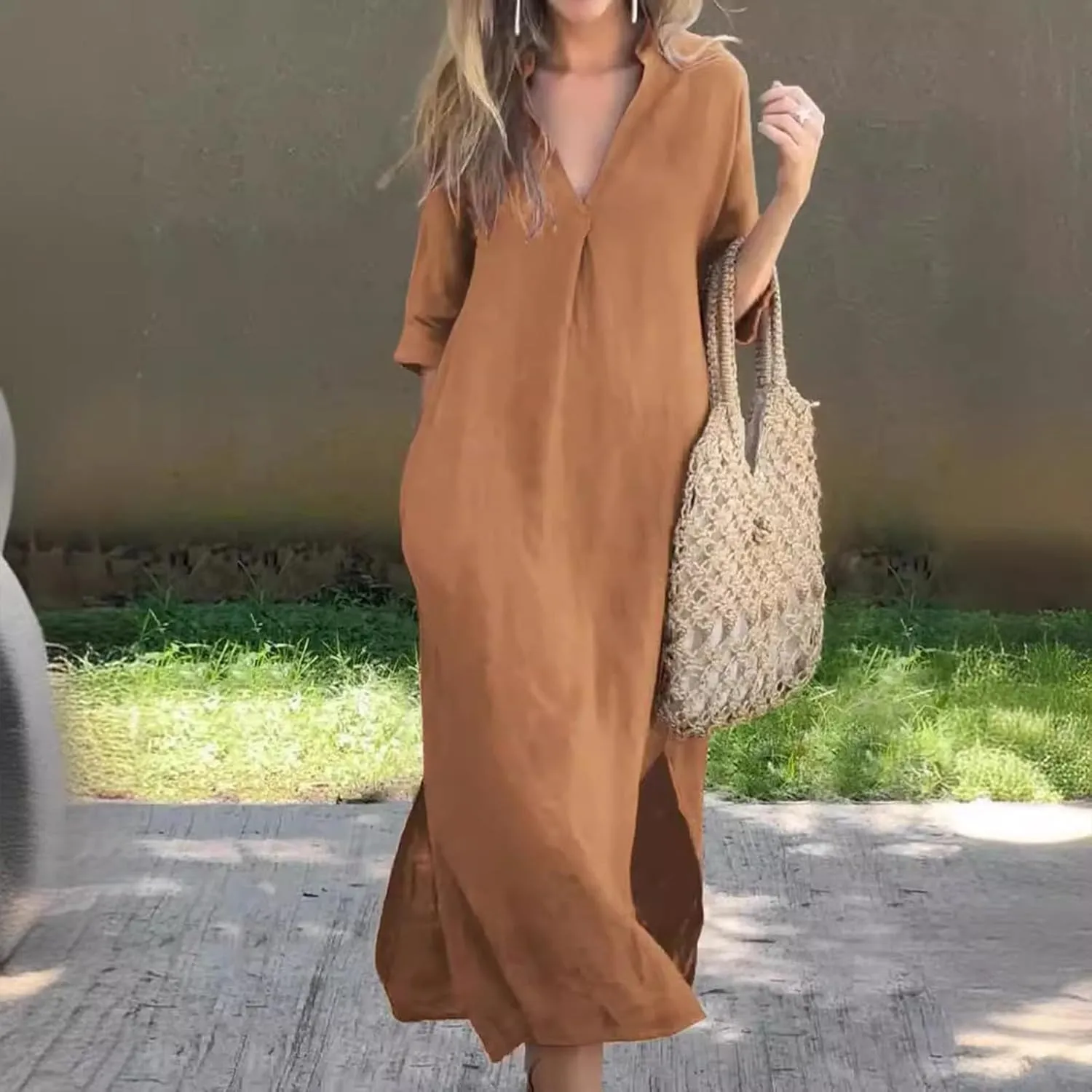 Linen Casual Dresses for Women Flowy V Neck Short Sleeve 2025 Maxi Dress Lightweight Summer Beach Vacation Clothes