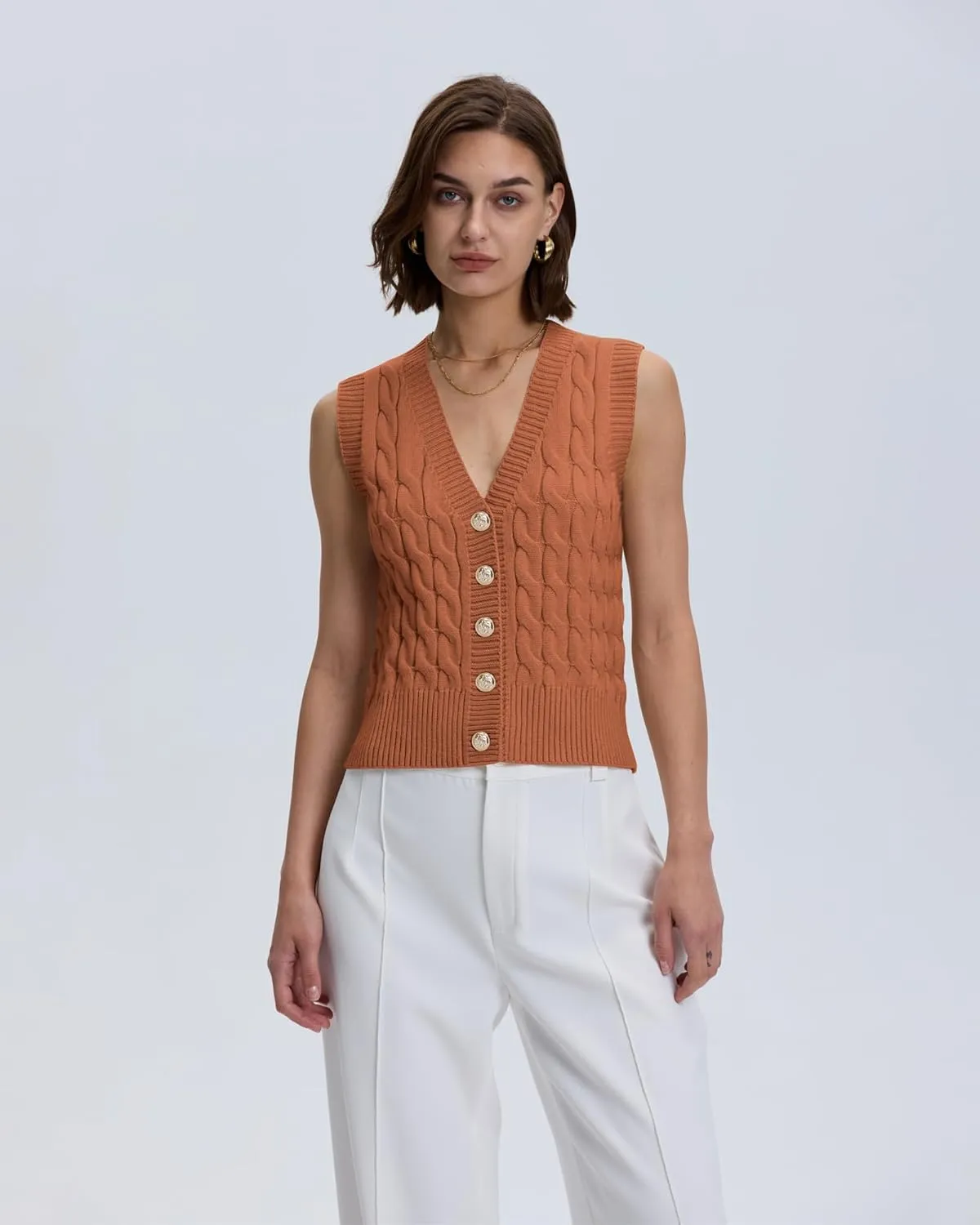 Locachy Women's V Neck Sleeveless Cable Knit Sweater Vest Soft 2025 Summer Button Front Cardigan Tank Tops