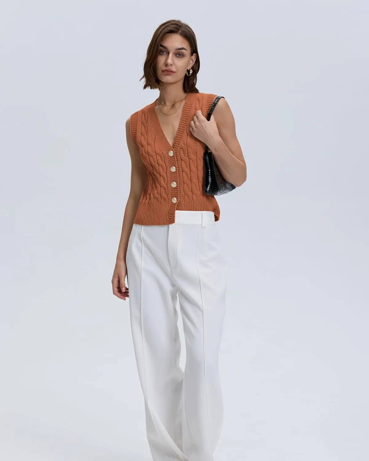Locachy Women's V Neck Sleeveless Cable Knit Sweater Vest Soft 2025 Summer Button Front Cardigan Tank Tops