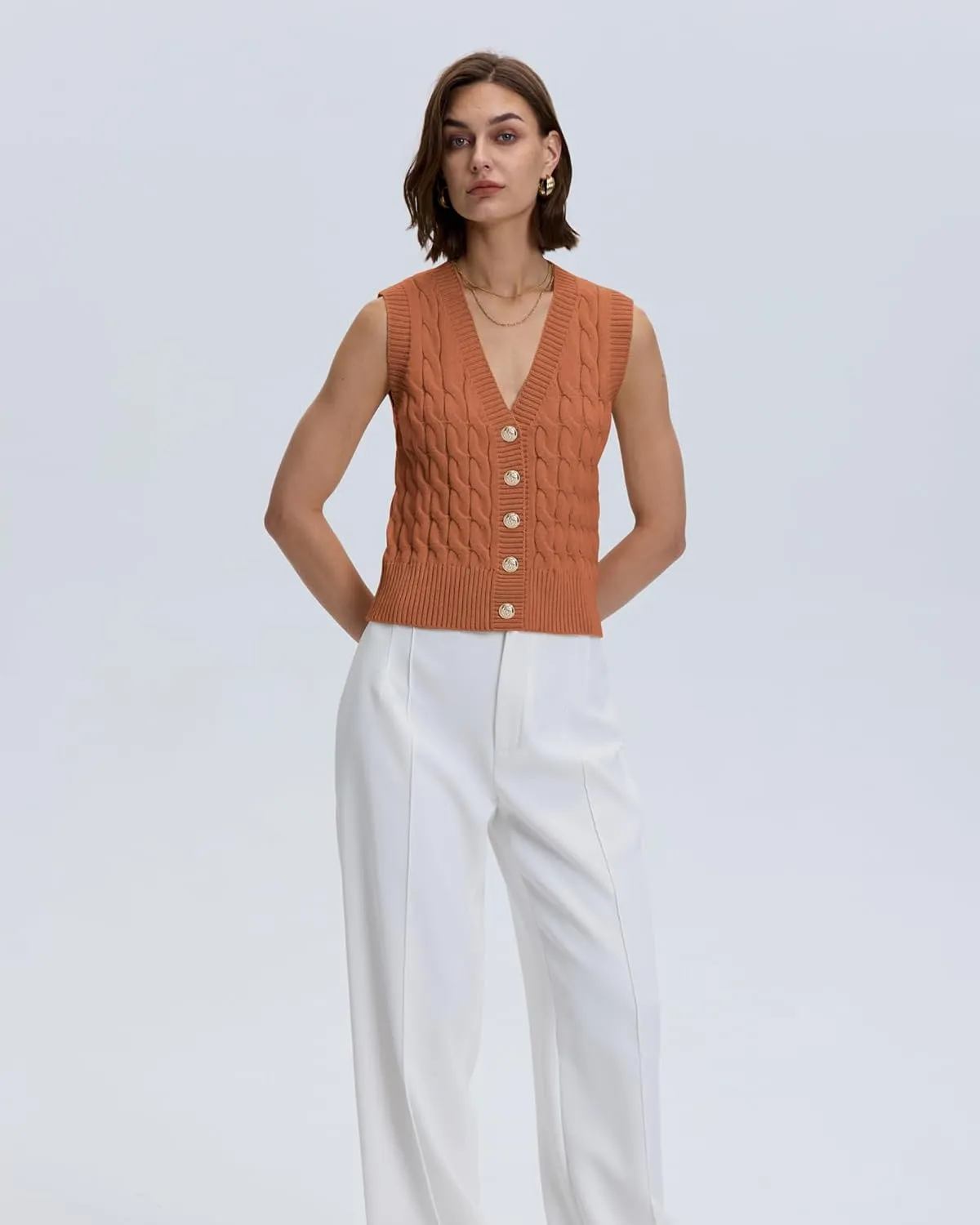Locachy Women's V Neck Sleeveless Cable Knit Sweater Vest Soft 2025 Summer Button Front Cardigan Tank Tops