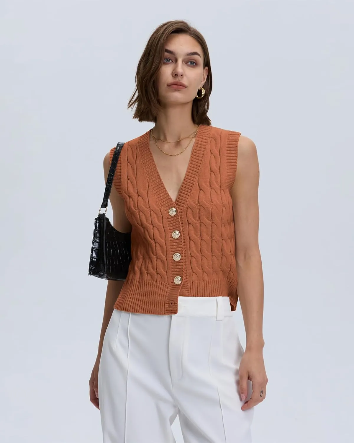 Locachy Women's V Neck Sleeveless Cable Knit Sweater Vest Soft 2025 Summer Button Front Cardigan Tank Tops