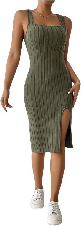 MakeMeChic Women's Ribbed Knit Tank Dress Square Neck Sleeveless Split Thigh Bodycon Midi Dresses