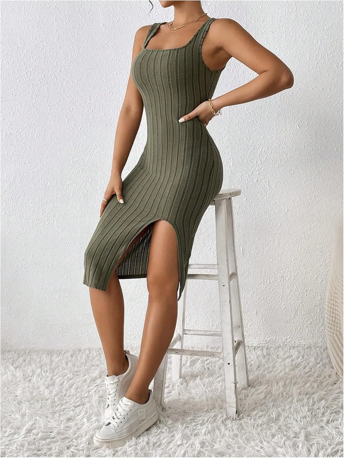 MakeMeChic Women's Ribbed Knit Tank Dress Square Neck Sleeveless Split Thigh Bodycon Midi Dresses