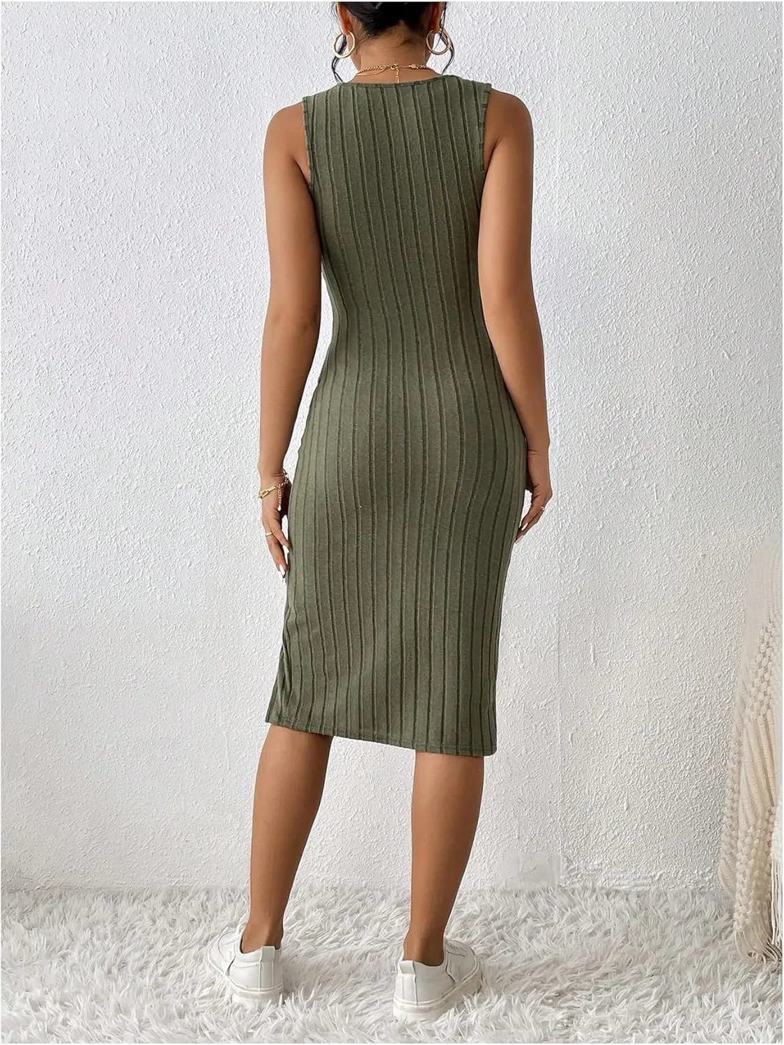MakeMeChic Women's Ribbed Knit Tank Dress Square Neck Sleeveless Split Thigh Bodycon Midi Dresses
