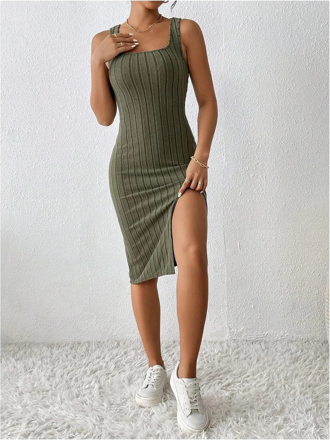 MakeMeChic Women's Ribbed Knit Tank Dress Square Neck Sleeveless Split Thigh Bodycon Midi Dresses