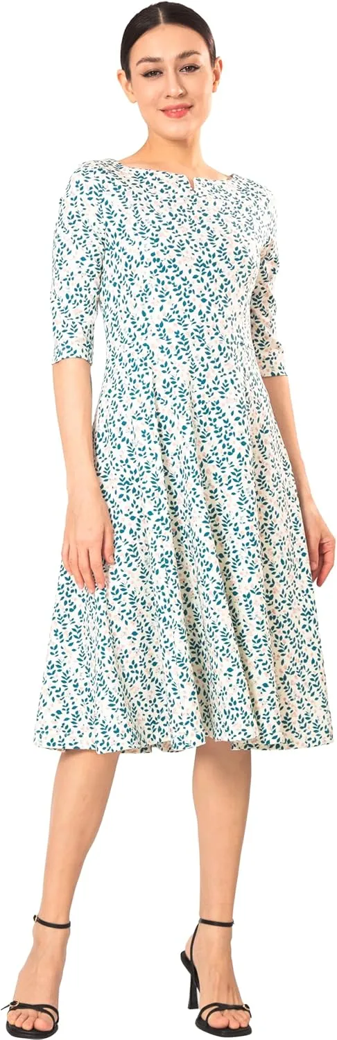 Marycrafts Women's Fit Flare Tea Midi Dress for Office Business Work