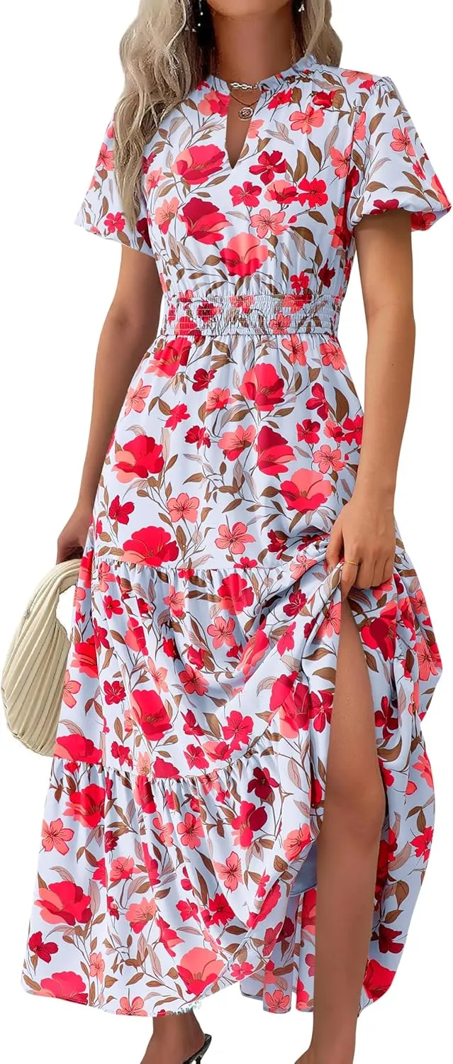 MASCOMODA Women Casual Boho Puff Short Sleeve V Neck Spring Summer 2025 Maxi Dress Church Flowy Smocked Floral Long Dresses