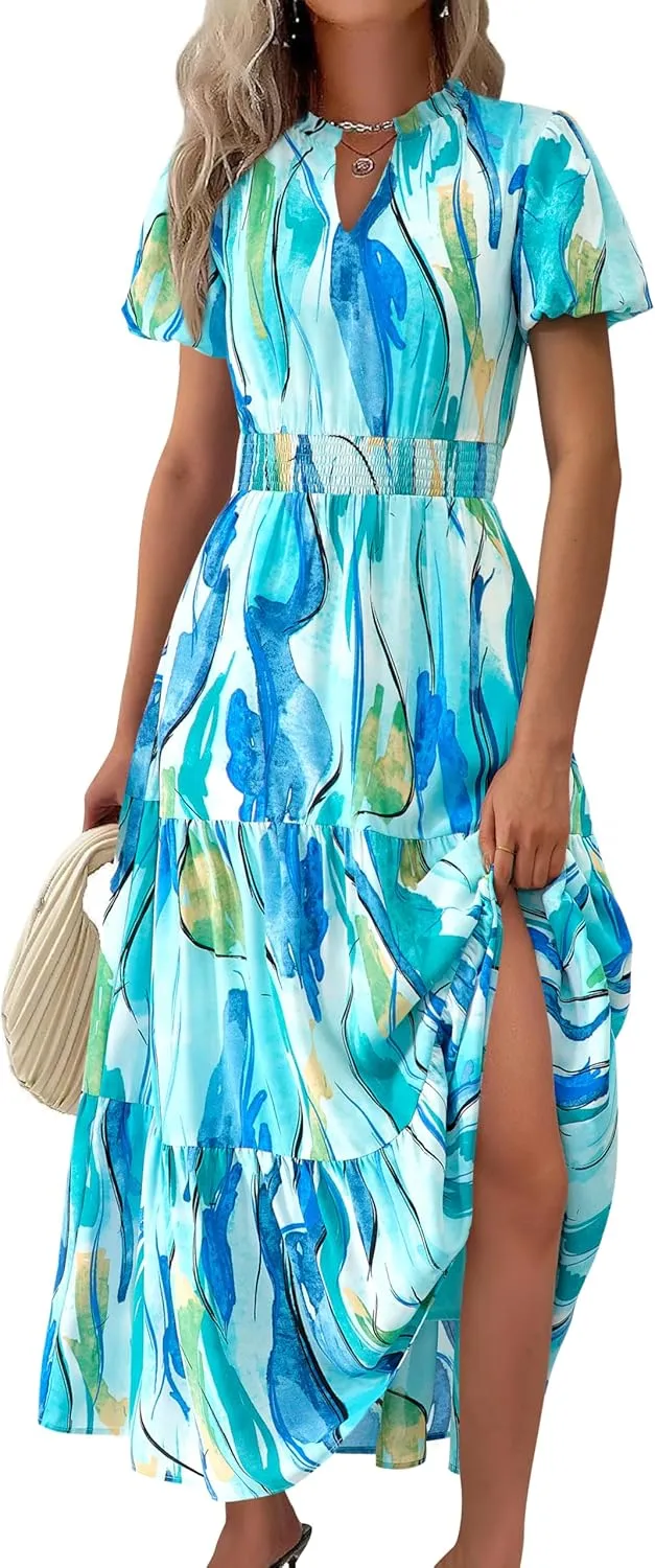 MASCOMODA Women Casual Boho Puff Short Sleeve V Neck Spring Summer 2025 Maxi Dress Church Flowy Smocked Floral Long Dresses