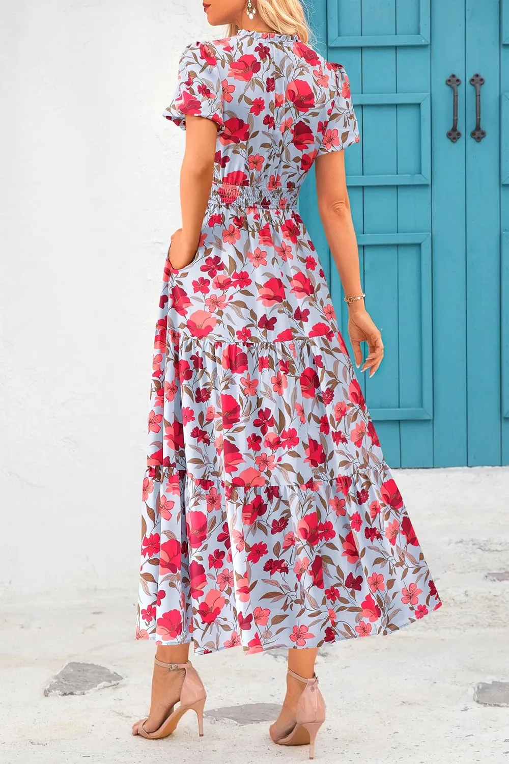 MASCOMODA Women Casual Boho Puff Short Sleeve V Neck Spring Summer 2025 Maxi Dress Church Flowy Smocked Floral Long Dresses