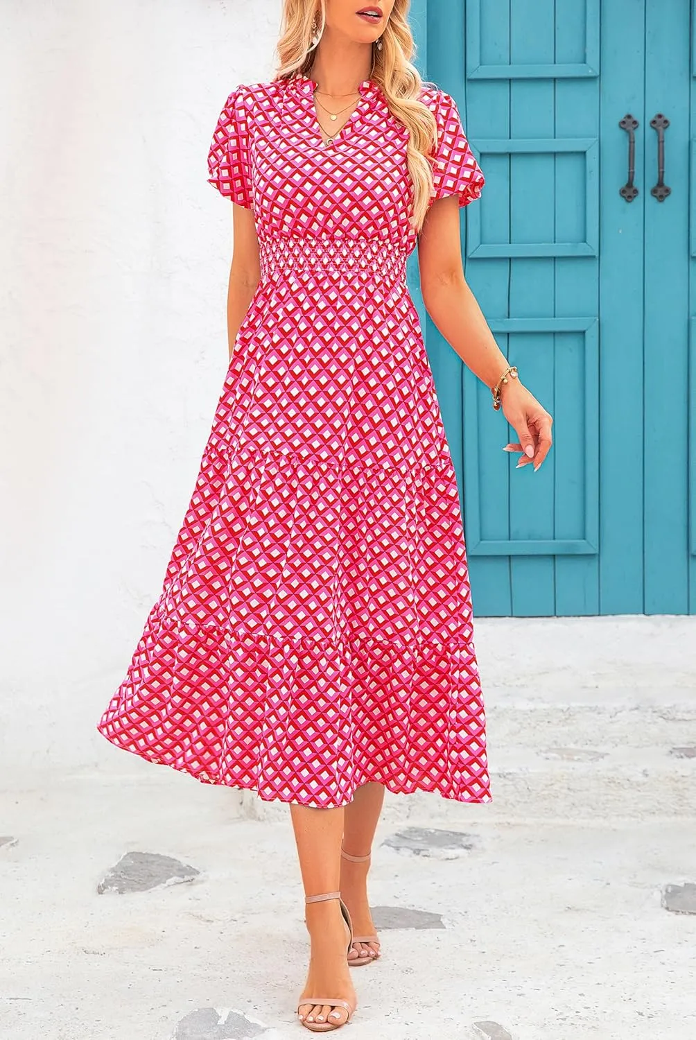 MASCOMODA Women Casual Boho Puff Short Sleeve V Neck Spring Summer 2025 Maxi Dress Church Flowy Smocked Floral Long Dresses