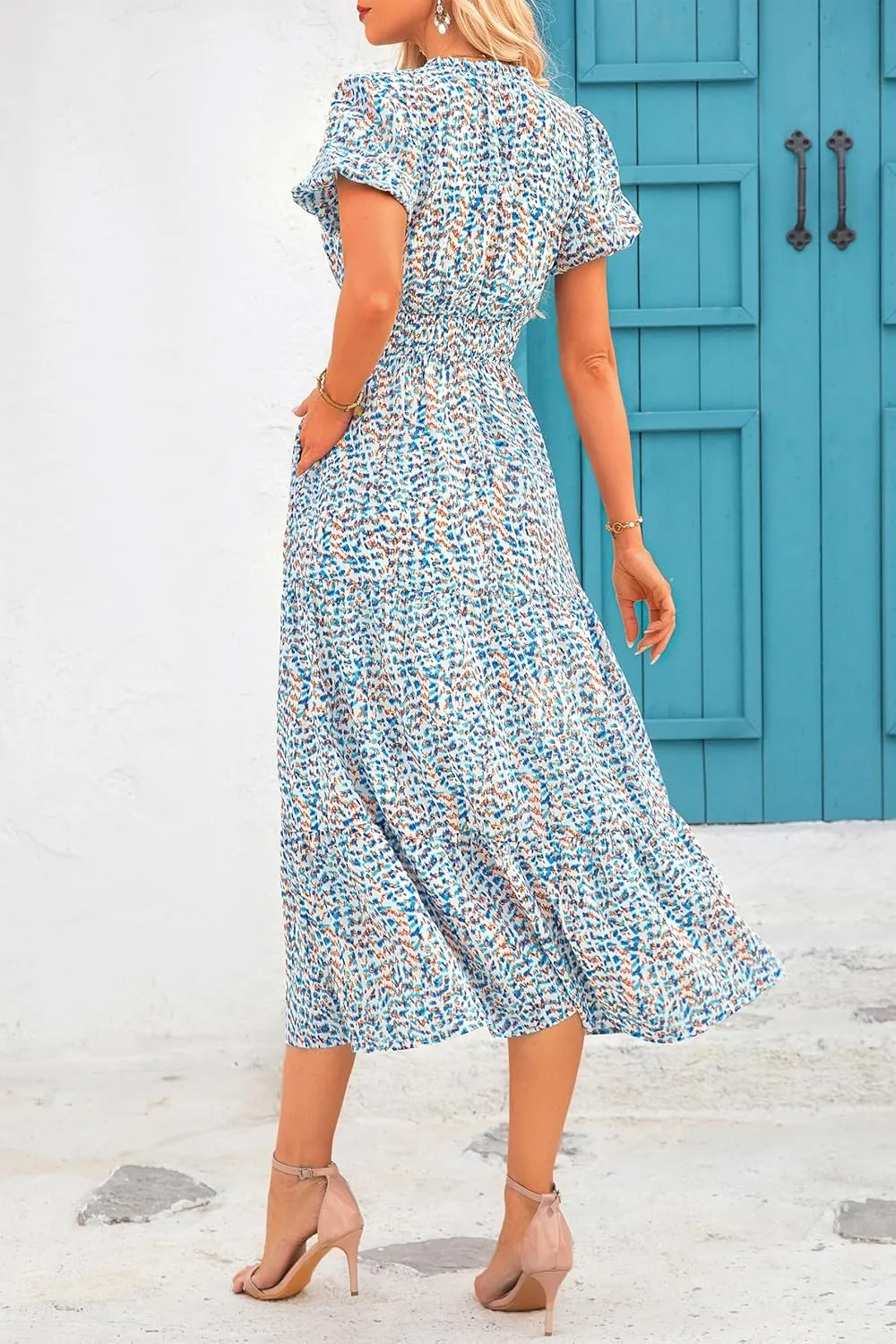 MASCOMODA Women Casual Boho Puff Short Sleeve V Neck Spring Summer 2025 Maxi Dress Church Flowy Smocked Floral Long Dresses