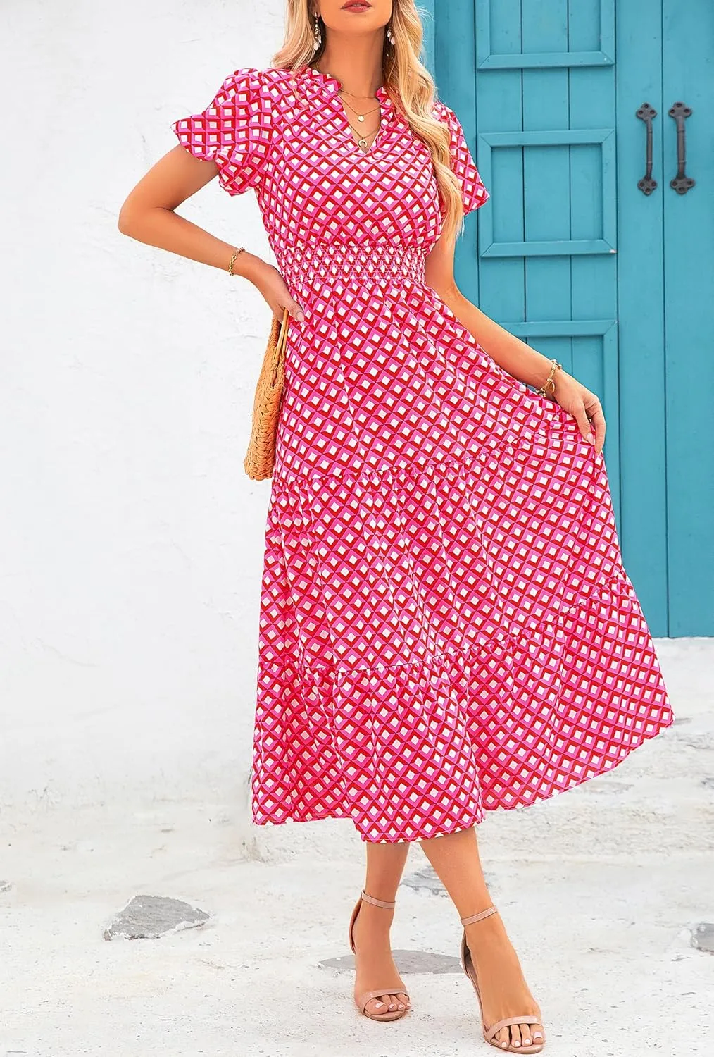 MASCOMODA Women Casual Boho Puff Short Sleeve V Neck Spring Summer 2025 Maxi Dress Church Flowy Smocked Floral Long Dresses