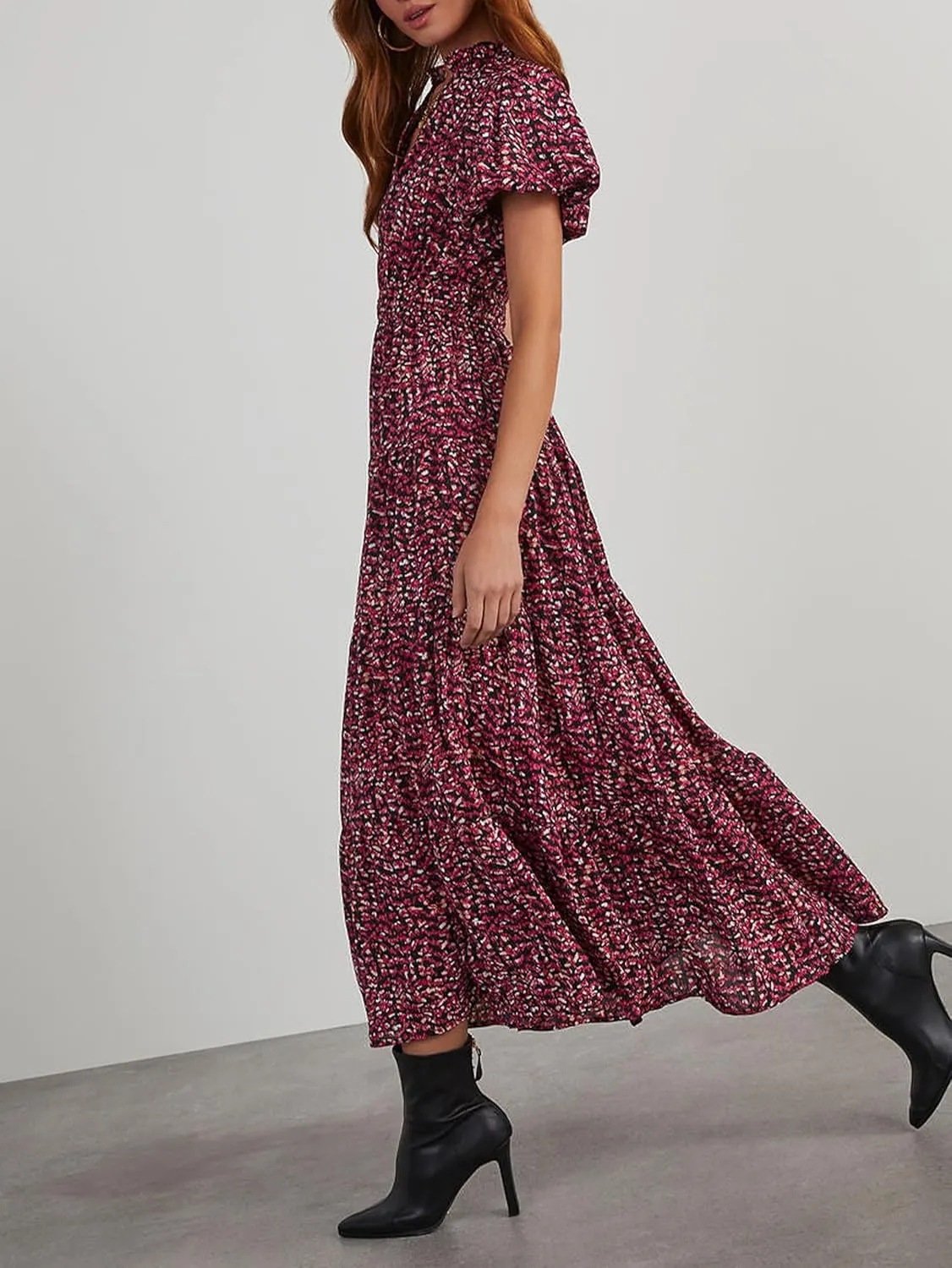 MASCOMODA Women Casual Boho Puff Short Sleeve V Neck Spring Summer 2025 Maxi Dress Church Flowy Smocked Floral Long Dresses