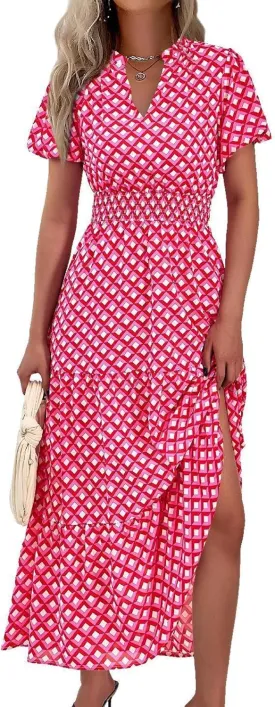 MASCOMODA Women Casual Boho Puff Short Sleeve V Neck Spring Summer 2025 Maxi Dress Church Flowy Smocked Floral Long Dresses