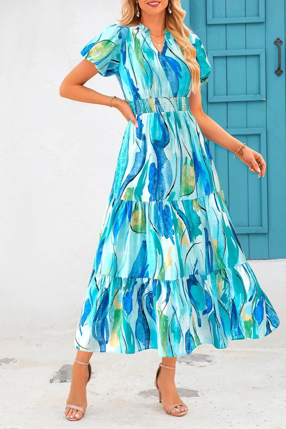 MASCOMODA Women Casual Boho Puff Short Sleeve V Neck Spring Summer 2025 Maxi Dress Church Flowy Smocked Floral Long Dresses