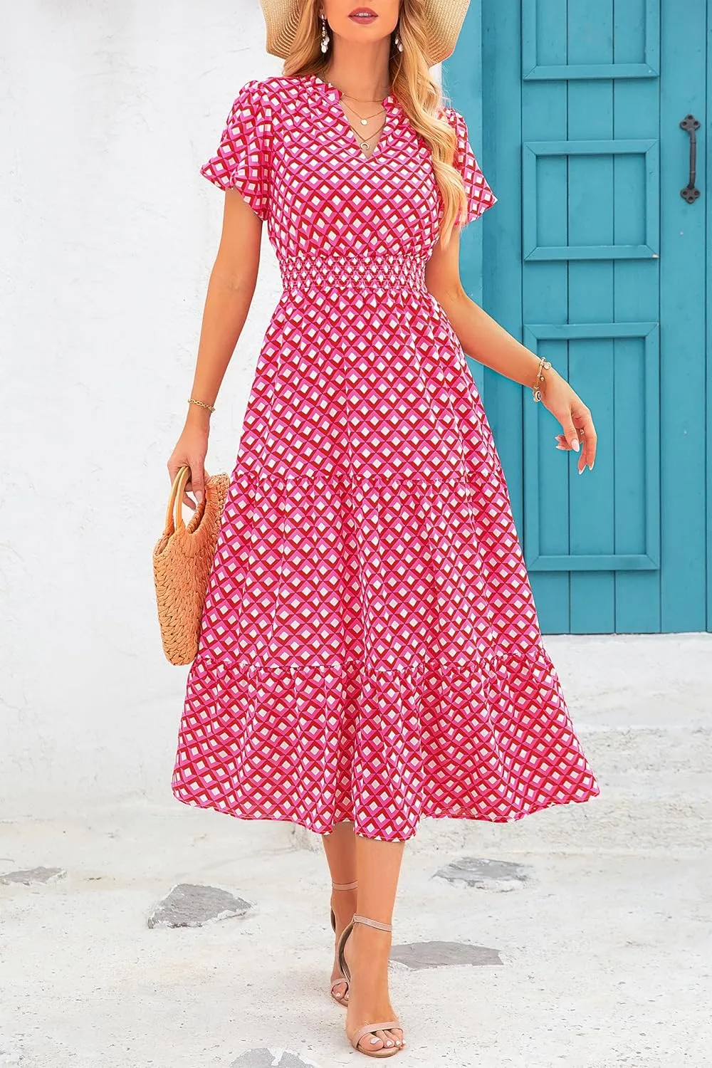 MASCOMODA Women Casual Boho Puff Short Sleeve V Neck Spring Summer 2025 Maxi Dress Church Flowy Smocked Floral Long Dresses