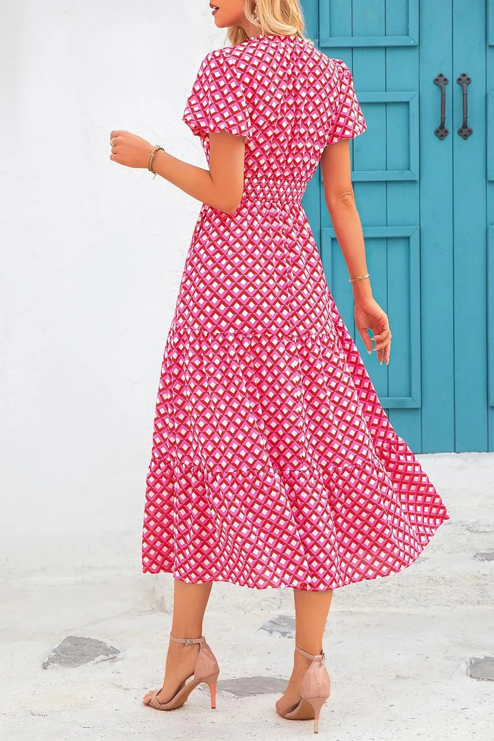 MASCOMODA Women Casual Boho Puff Short Sleeve V Neck Spring Summer 2025 Maxi Dress Church Flowy Smocked Floral Long Dresses