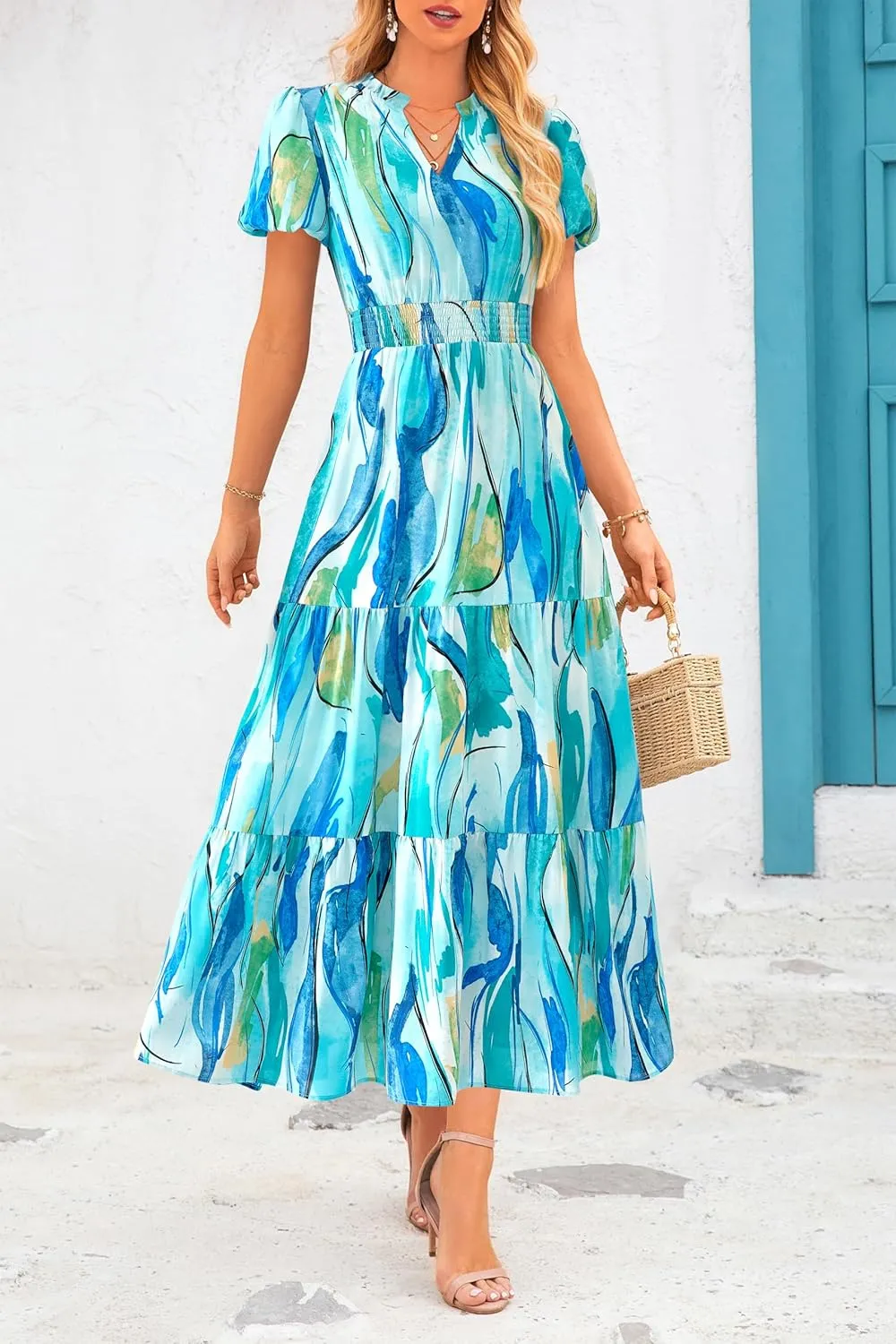 MASCOMODA Women Casual Boho Puff Short Sleeve V Neck Spring Summer 2025 Maxi Dress Church Flowy Smocked Floral Long Dresses