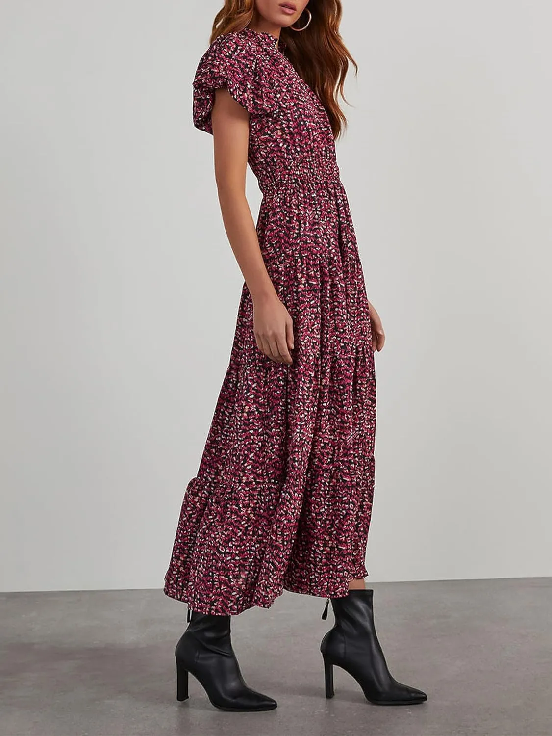 MASCOMODA Women Casual Boho Puff Short Sleeve V Neck Spring Summer 2025 Maxi Dress Church Flowy Smocked Floral Long Dresses