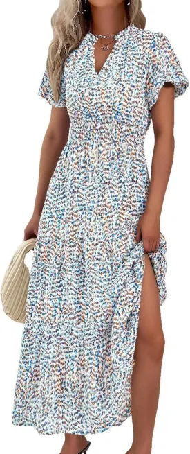 MASCOMODA Women Casual Boho Puff Short Sleeve V Neck Spring Summer 2025 Maxi Dress Church Flowy Smocked Floral Long Dresses