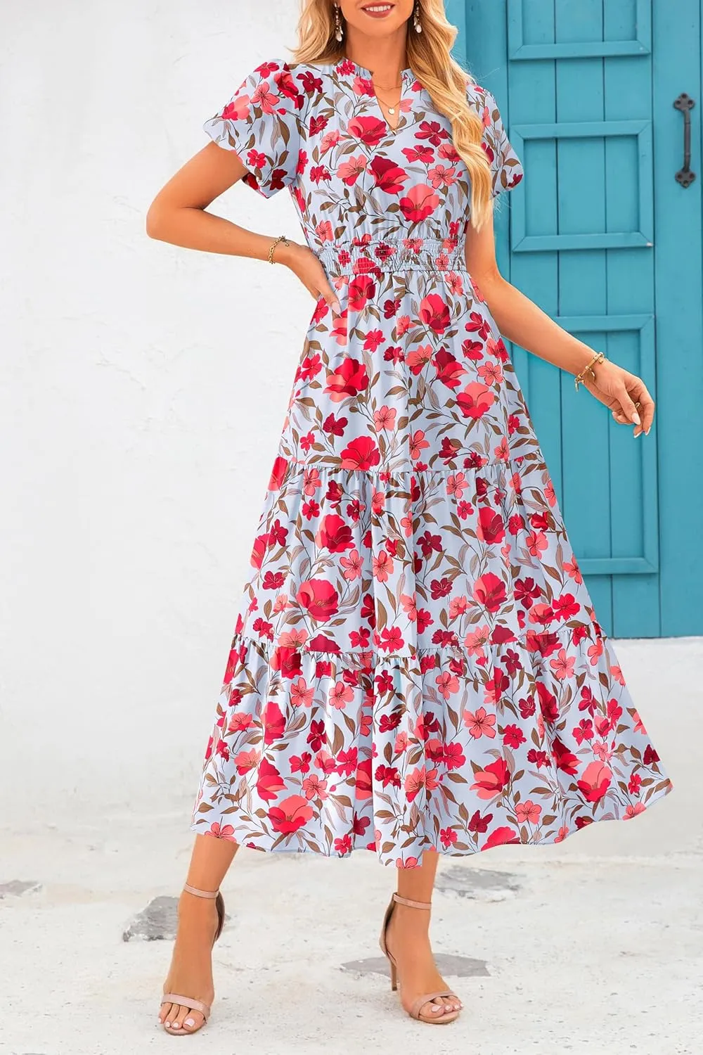 MASCOMODA Women Casual Boho Puff Short Sleeve V Neck Spring Summer 2025 Maxi Dress Church Flowy Smocked Floral Long Dresses