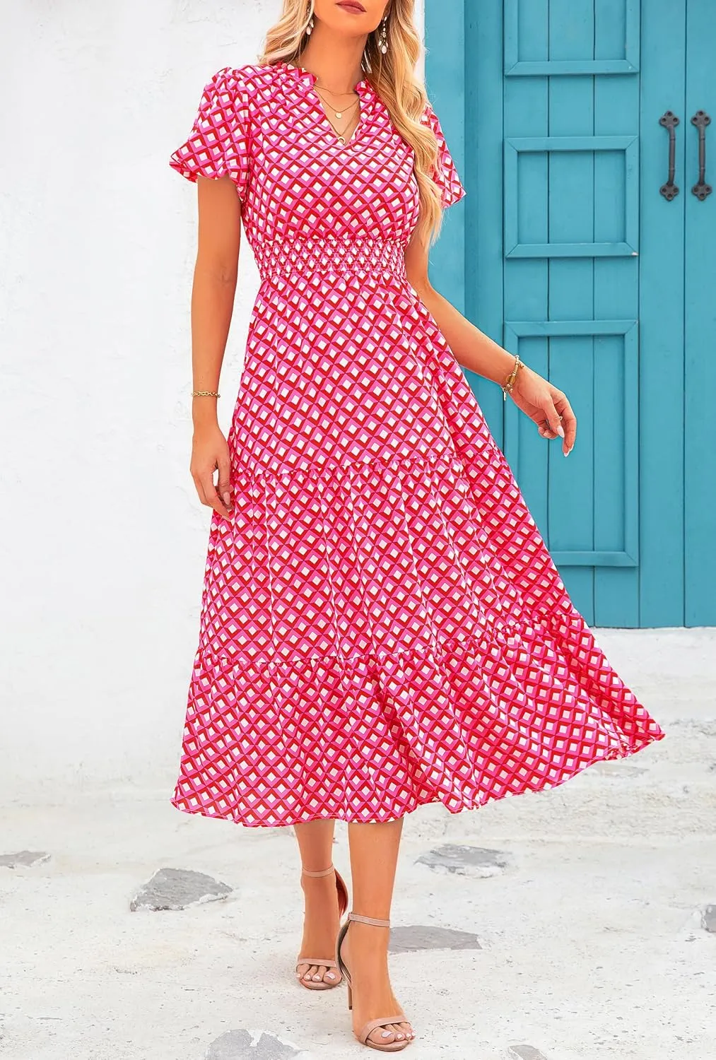 MASCOMODA Women Casual Boho Puff Short Sleeve V Neck Spring Summer 2025 Maxi Dress Church Flowy Smocked Floral Long Dresses