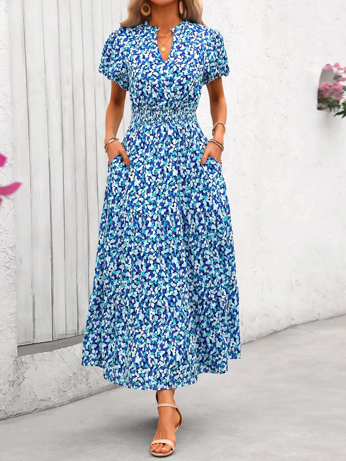 MASCOMODA Women Casual Boho Puff Short Sleeve V Neck Spring Summer 2025 Maxi Dress Church Flowy Smocked Floral Long Dresses